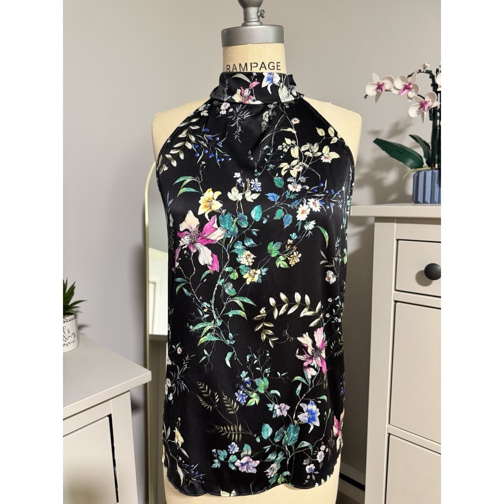 Generation Love 95% Silk Halter Top Black Wild Floral Tie Neck Blouse Womens XS